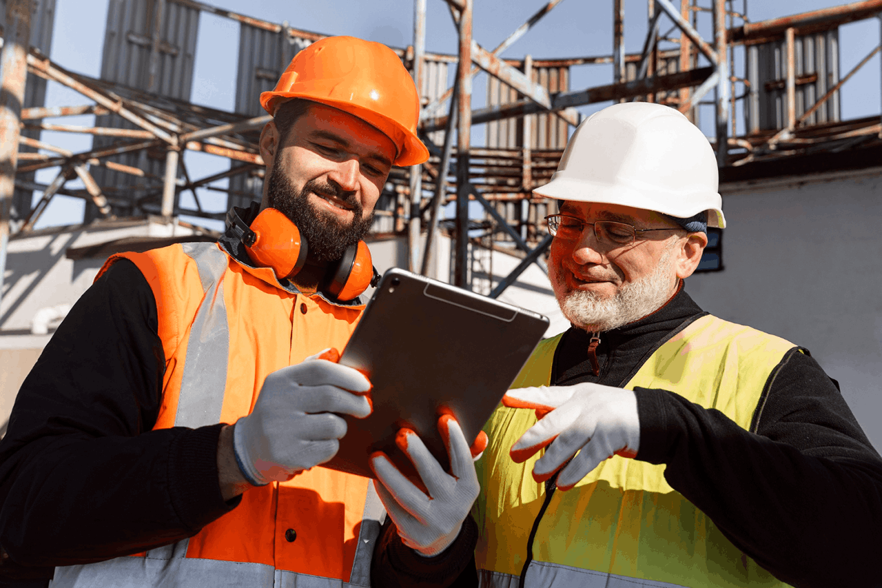 Two construction workers looking at a tablet device at a construction site.